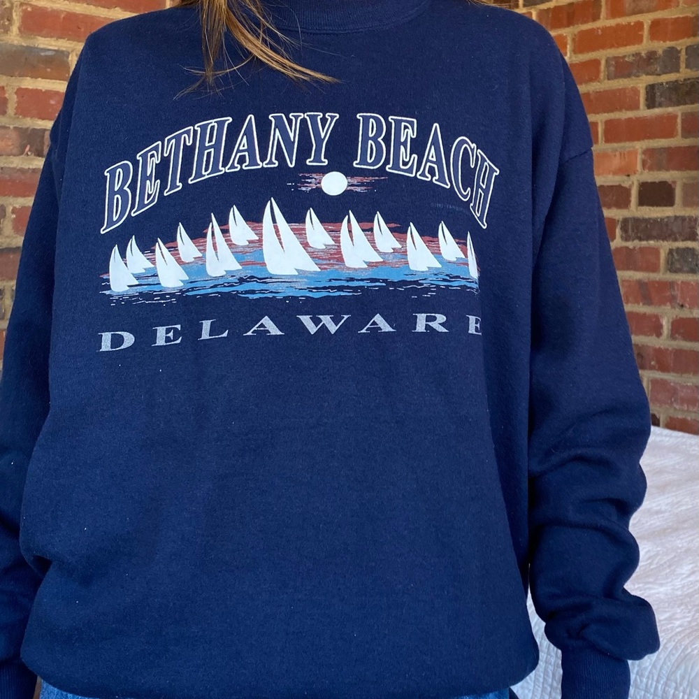 Navy blue Bethany beach crew neck, jerzee brand